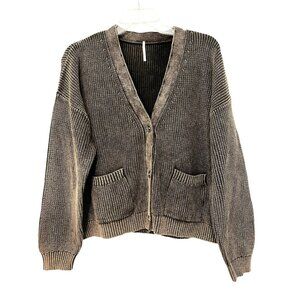 Hello Nite Ribbed Knit Cardigan Sweater Acid Wash Black Size XL